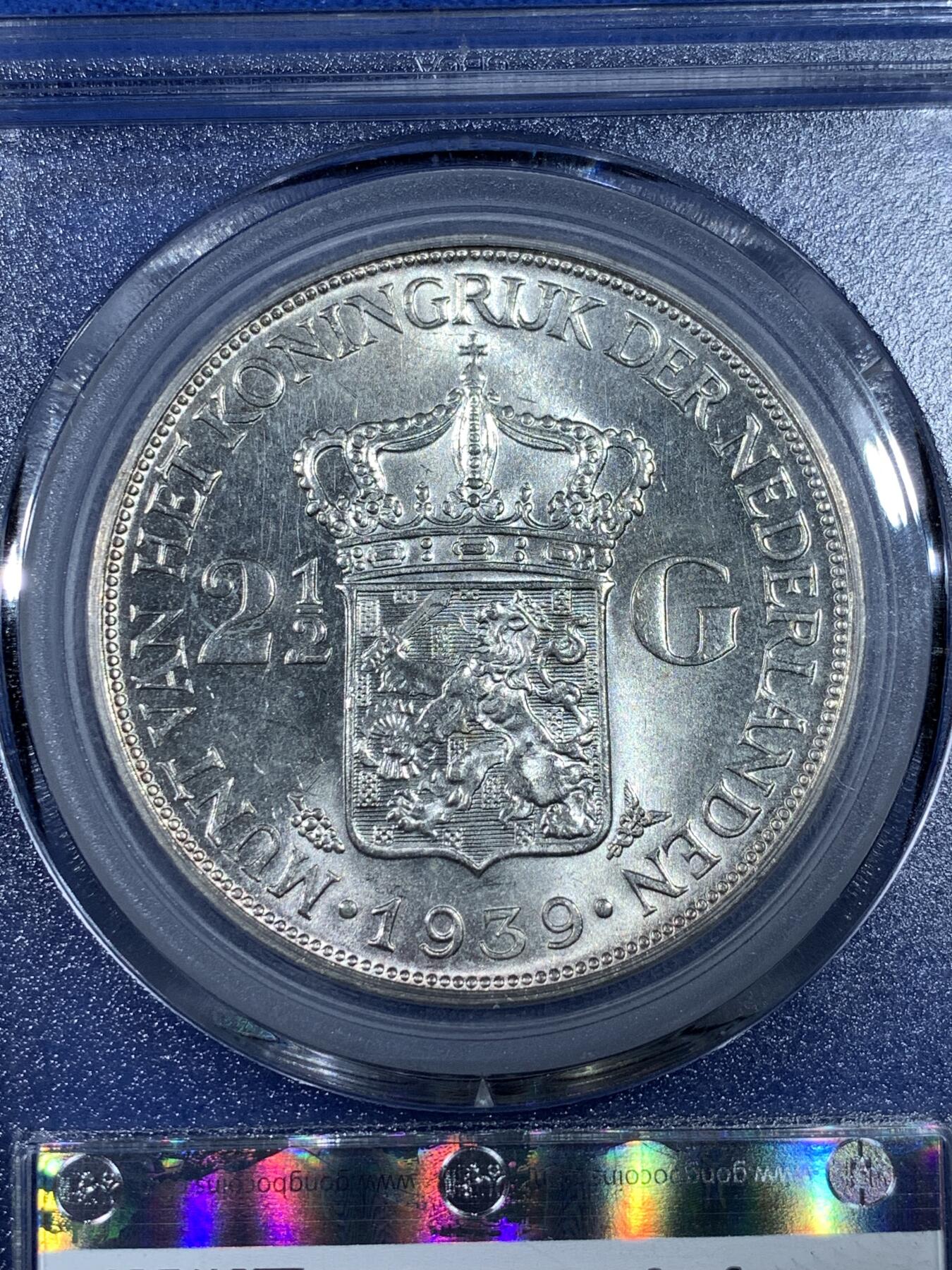 《竞宝斋》第481场 周日，周一 2场连拍 （全场包邮）20级店铺 欢迎送拍 公博 MS64+ 荷兰1939年威廉敏娜女王2.5盾银币