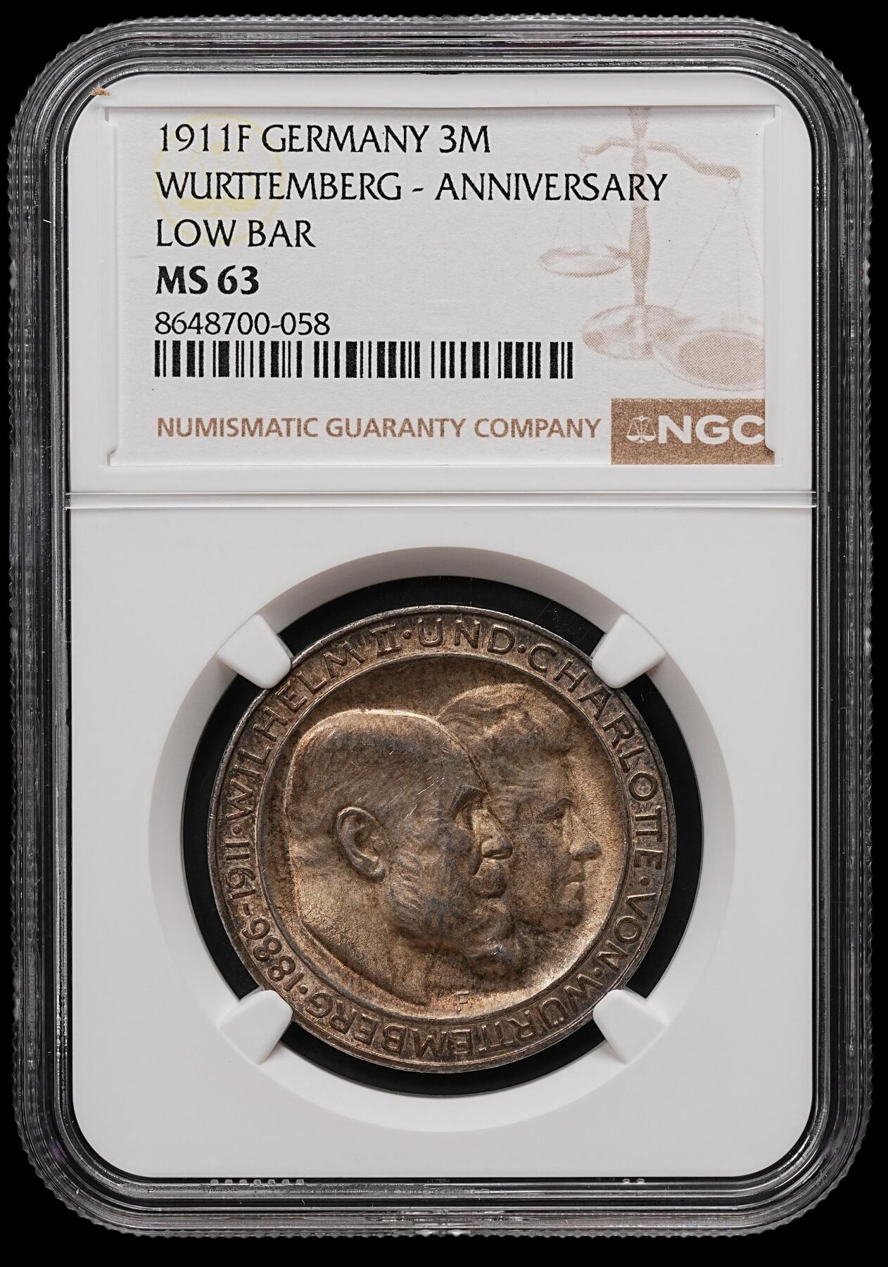 修遠堂世界钱币第112期 NGC MS63 1911年符腾堡国王银婚纪念3马克银币