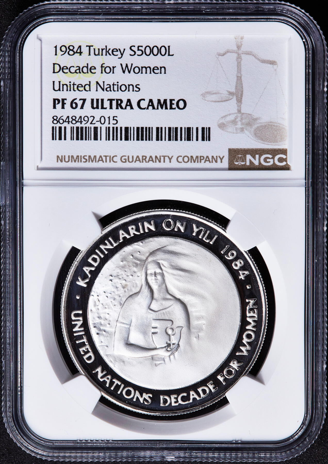 【俄甄集藏】满园春色-2026年(051)04-22星期三 晚 19:30 全场包邮 土耳其1984年纪念联合国国际妇女年10周年5000里拉精制银币，NGC PF67UC，重23.33克，925银，发行量6500枚