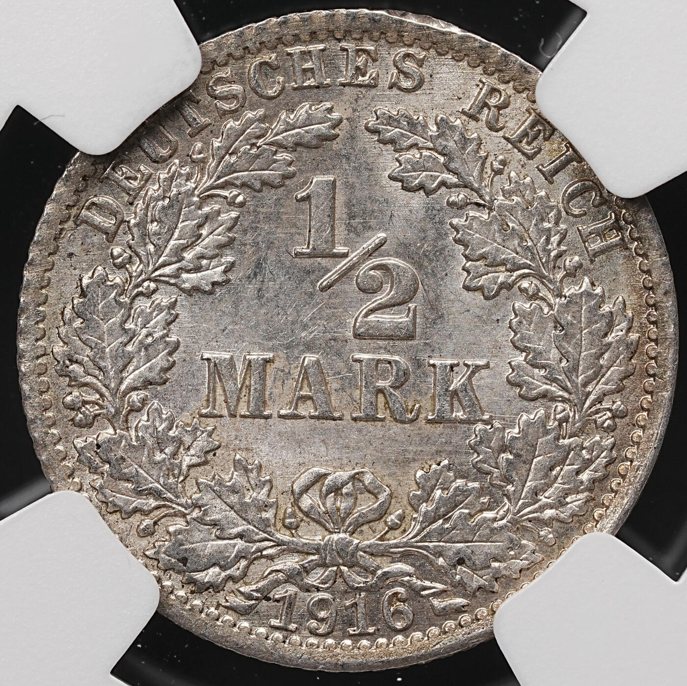 修遠堂世界钱币第112期 NGC MS63 1916年德国1/2马克银币 A厂铭