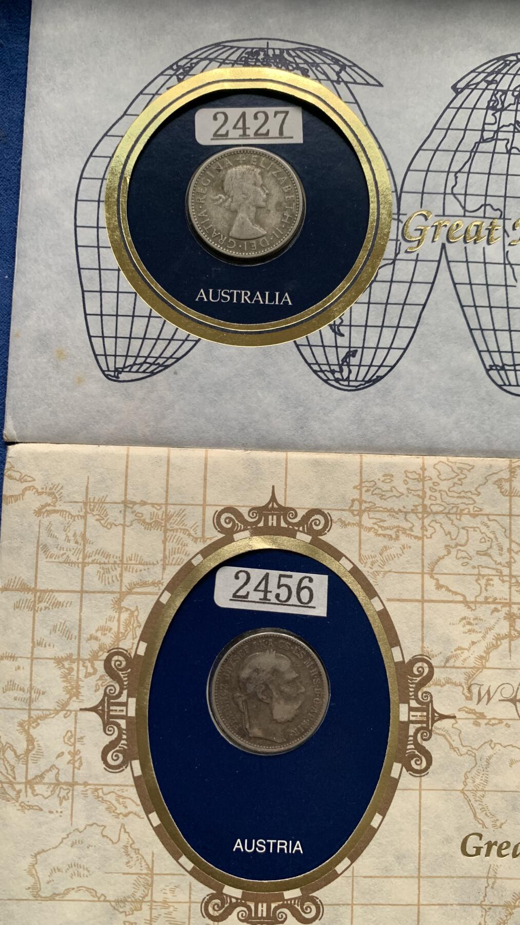 《竞宝斋》第481场 周日，周一 2场连拍 （全场包邮）20级店铺 欢迎送拍 邮币封3张，含2枚奥匈帝国1克朗银币和1枚澳大利亚1先令银币。