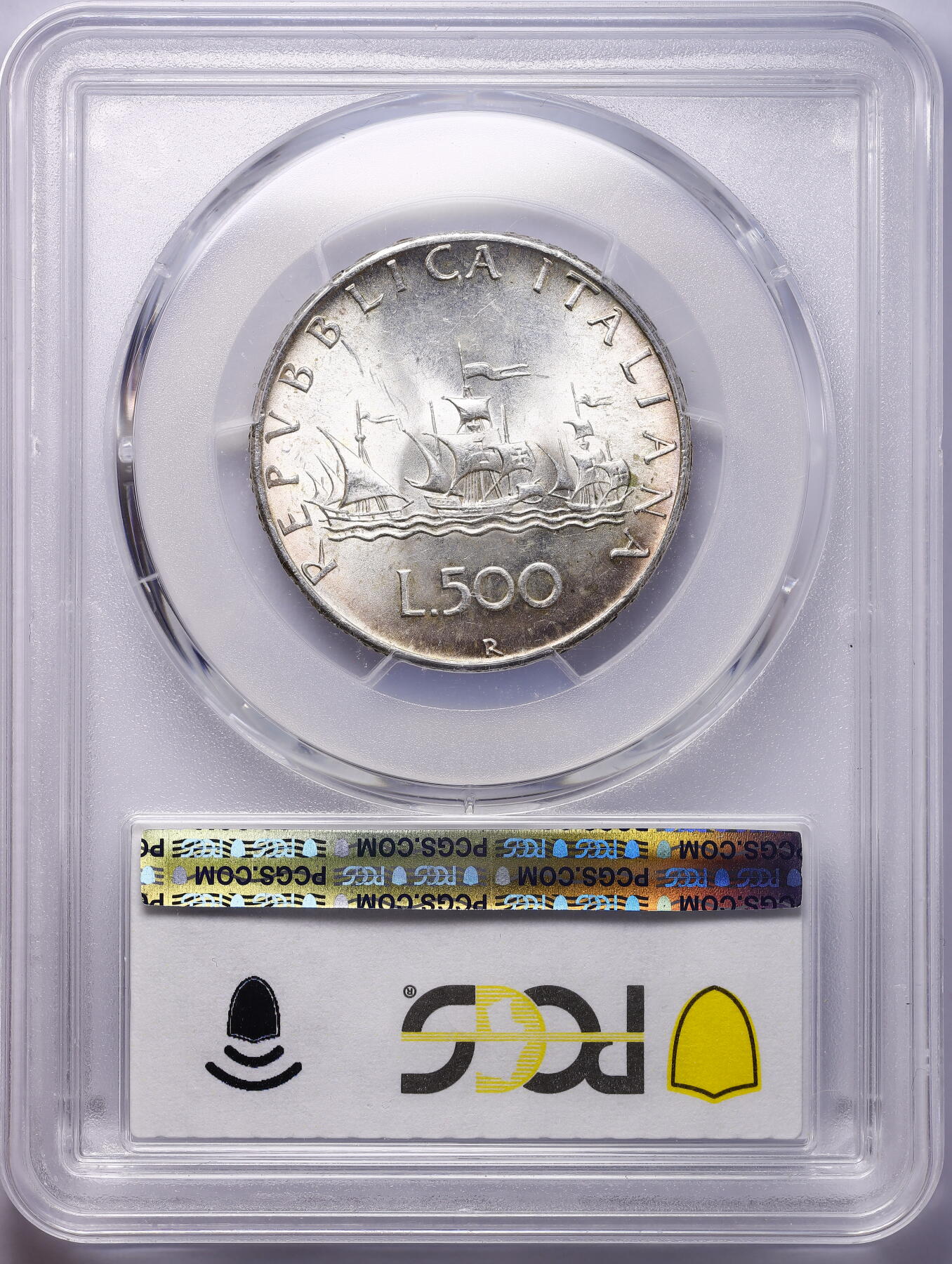 观钱 近现代机制币拍卖No.009（全场顺丰包邮，不区分偏远地区）  1966-R “少女与帆船”意大利 500 里拉银币（罗马造币厂） PCGS MS65，精致黄油五彩