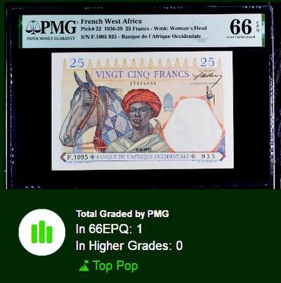 【Blue Auction】世界纸币精拍第811期——18级TOP拍卖/信誉/品质/专业/高效💫 【唯一冠军分 无47】法属西非 1939年25法郎 PMG66EPQ 法属风 大金狮 高分罕见 值得收藏 