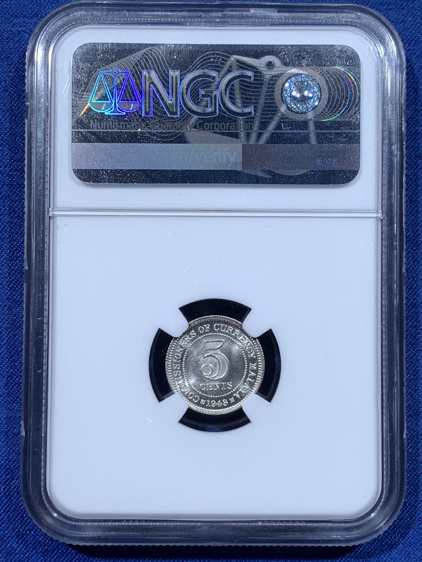 《竞宝斋》第481场 周日，周一 2场连拍 （全场包邮）20级店铺 欢迎送拍 两枚一组 NGC MS63 马来亚1943年乔治六世5分+10分银币