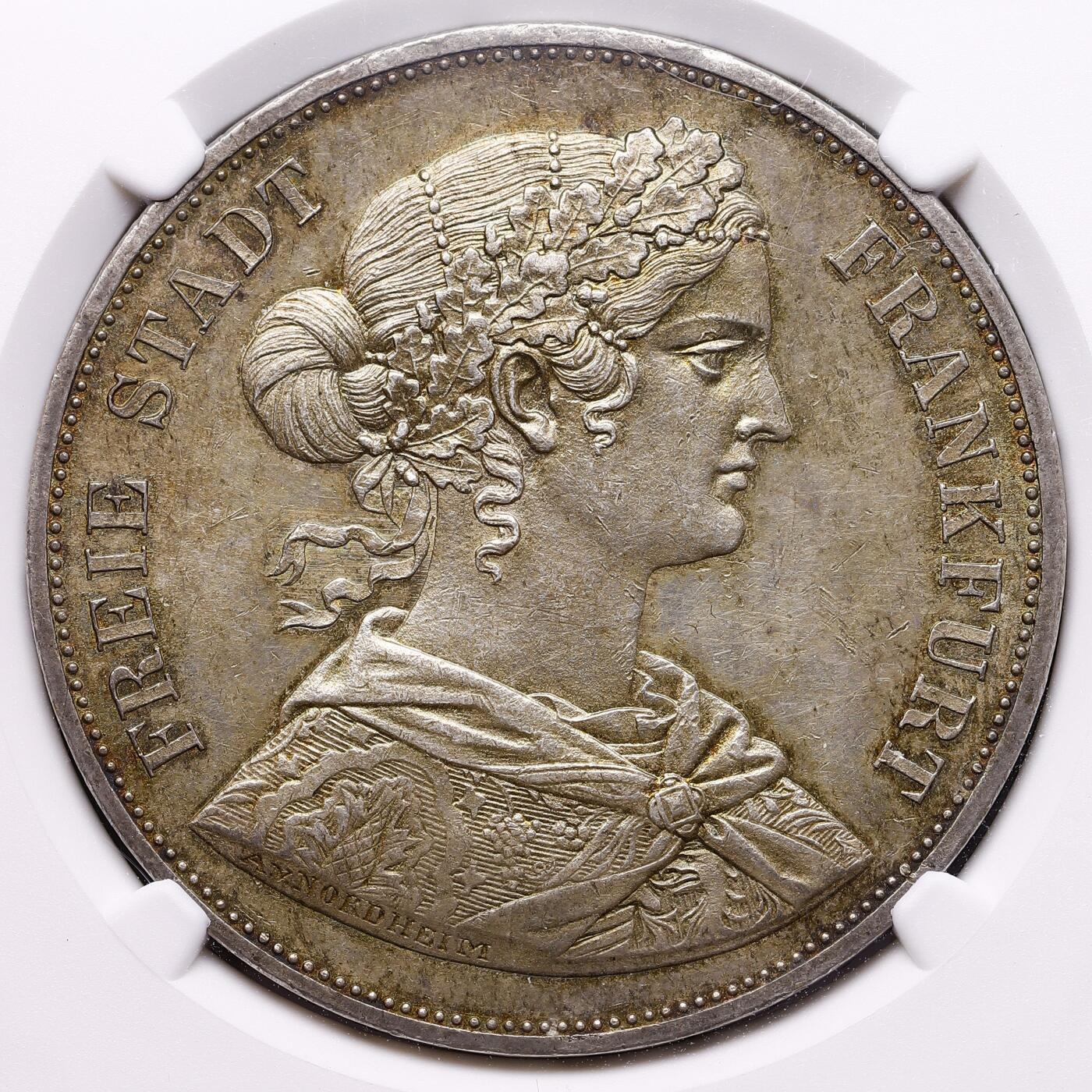 观钱 近现代机制币拍卖No.009（全场顺丰包邮，不区分偏远地区）  1861 年 德国法兰克福自由市少女 2 泰勒银币 NGC MS61 高分，带彩包浆