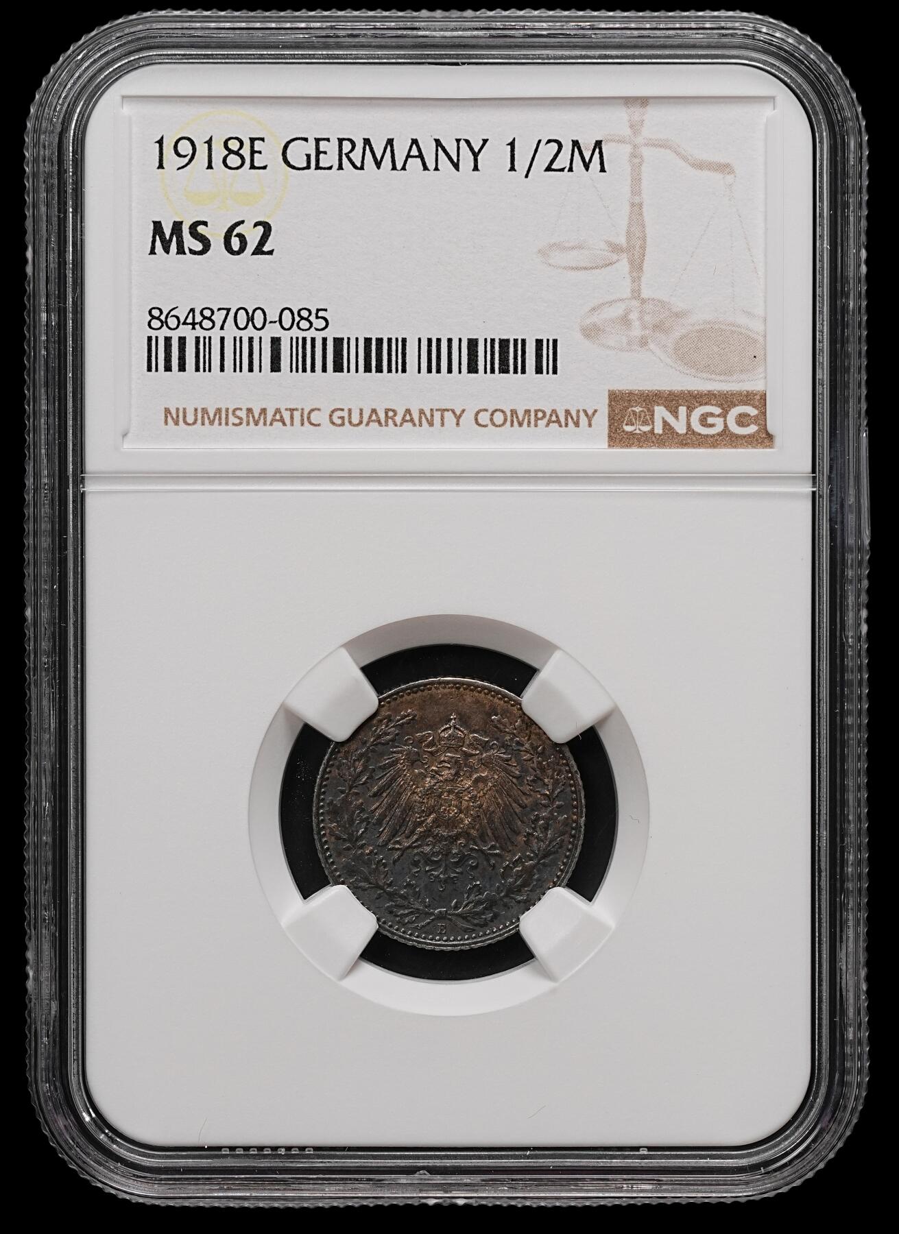 修遠堂世界钱币第112期 NGC MS62 1918年德国1/2马克银币 E厂铭