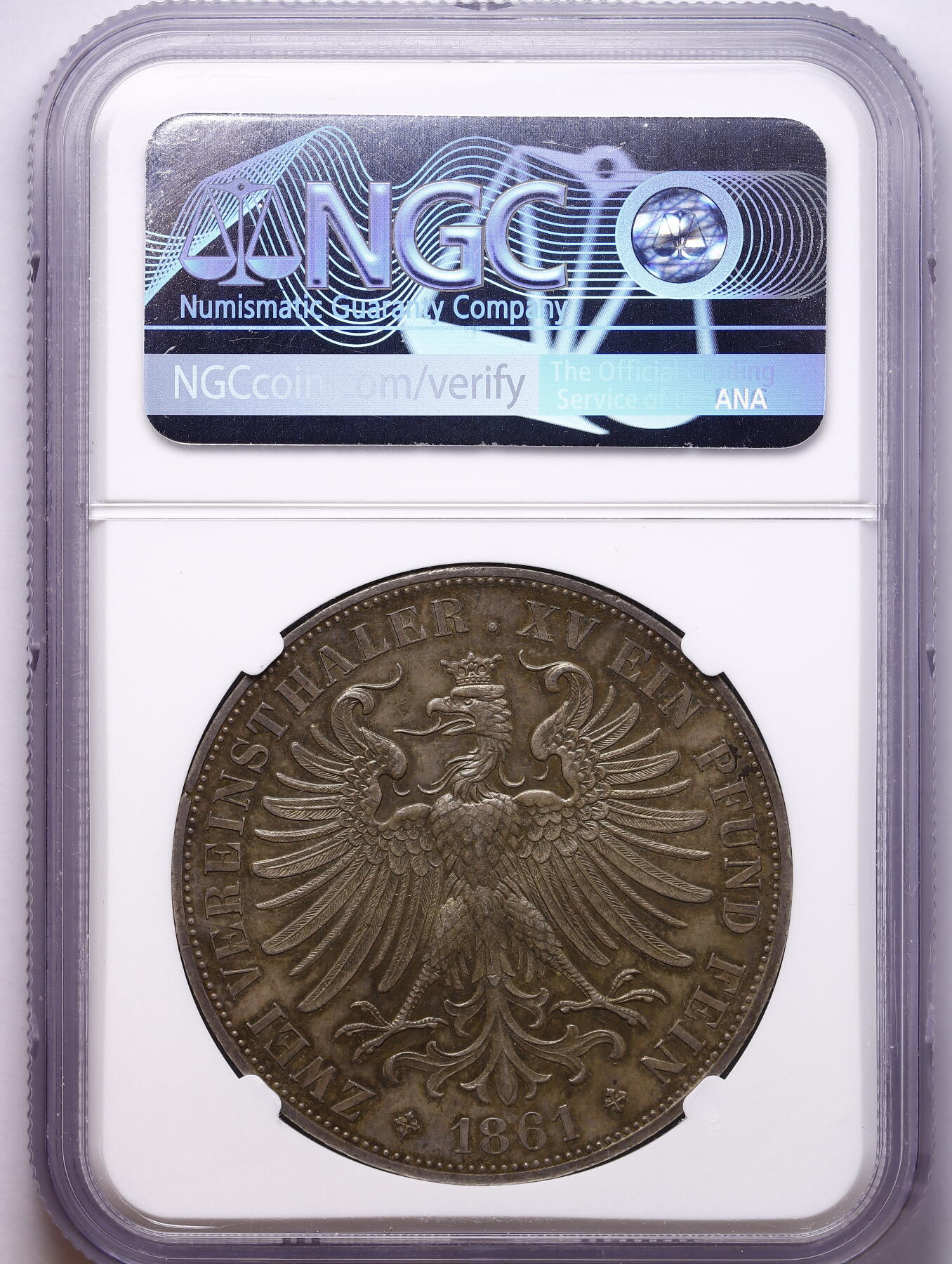 观钱 近现代机制币拍卖No.009（全场顺丰包邮，不区分偏远地区）  1861 年 德国法兰克福自由市少女 2 泰勒银币 NGC MS61 高分，带彩包浆