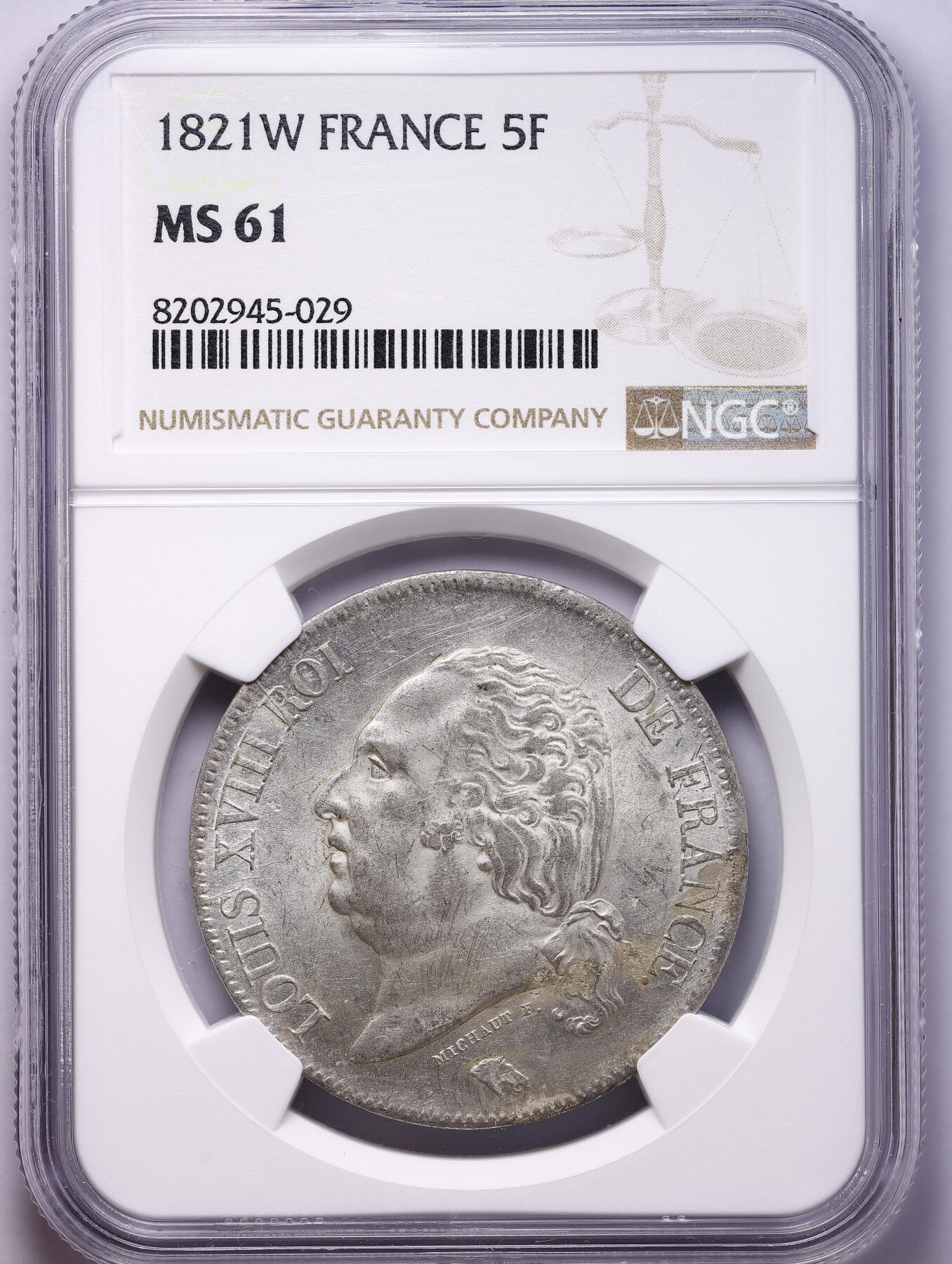 观钱 近现代机制币拍卖No.009（全场顺丰包邮，不区分偏远地区）  1821-W 法国路易十八 5 法郎银币（里尔造币厂） NGC MS61 波旁王朝的鸢尾花盾徽精致漂亮