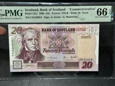 《外钞收藏家》第六百二十八期（精品百拍场）（长期征集拍品、欢迎藏友们联系合作） - 1999年苏格兰20镑 PMG66 纪念钞