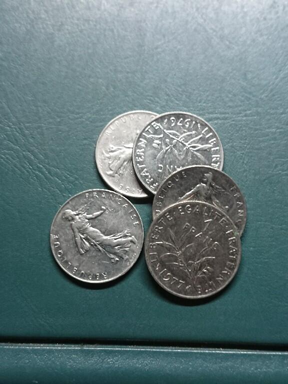 松南世界钱币——260420 法国1法郎镍币5枚1