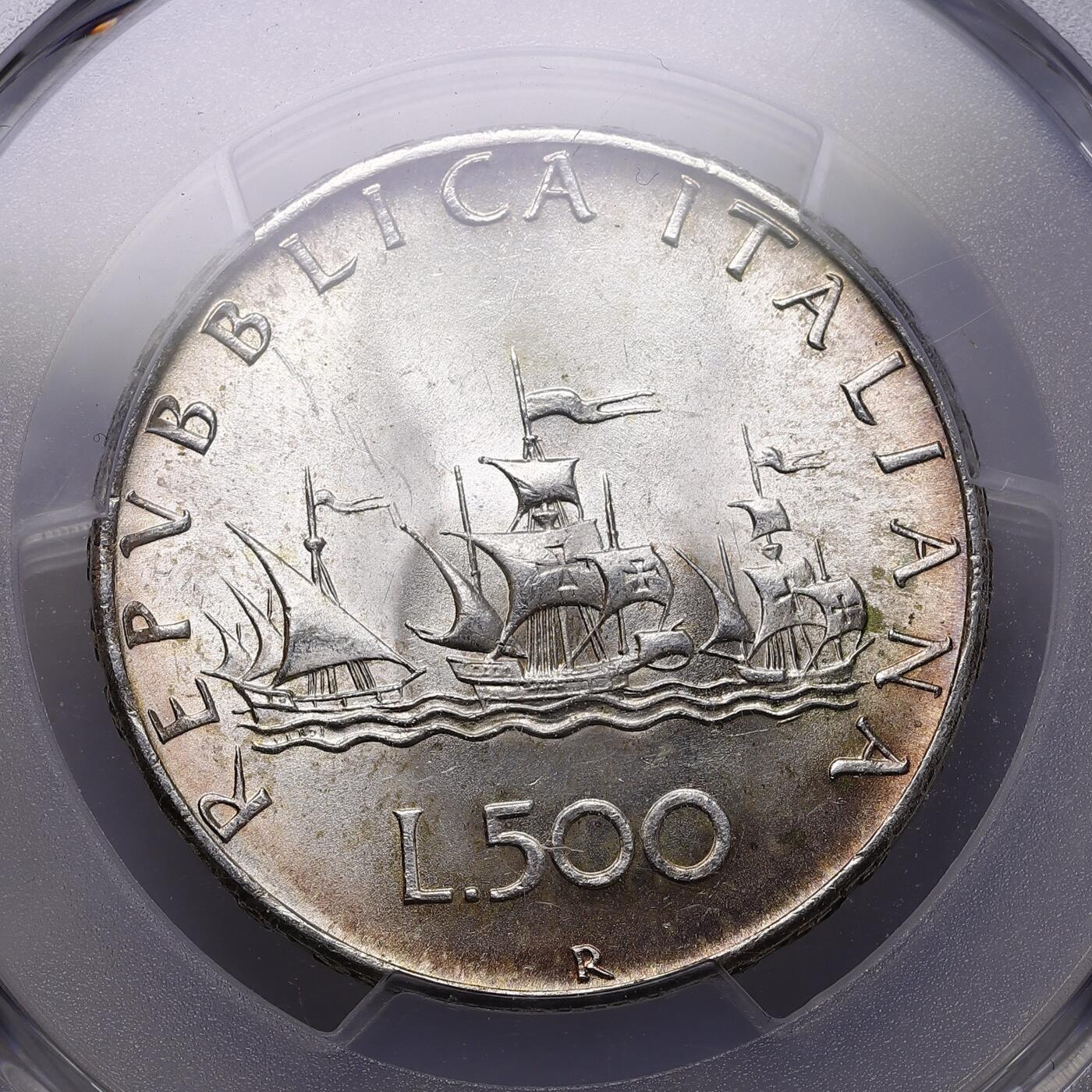 观钱 近现代机制币拍卖No.009（全场顺丰包邮，不区分偏远地区）  1966-R “少女与帆船”意大利 500 里拉银币（罗马造币厂） PCGS MS65，精致黄油五彩