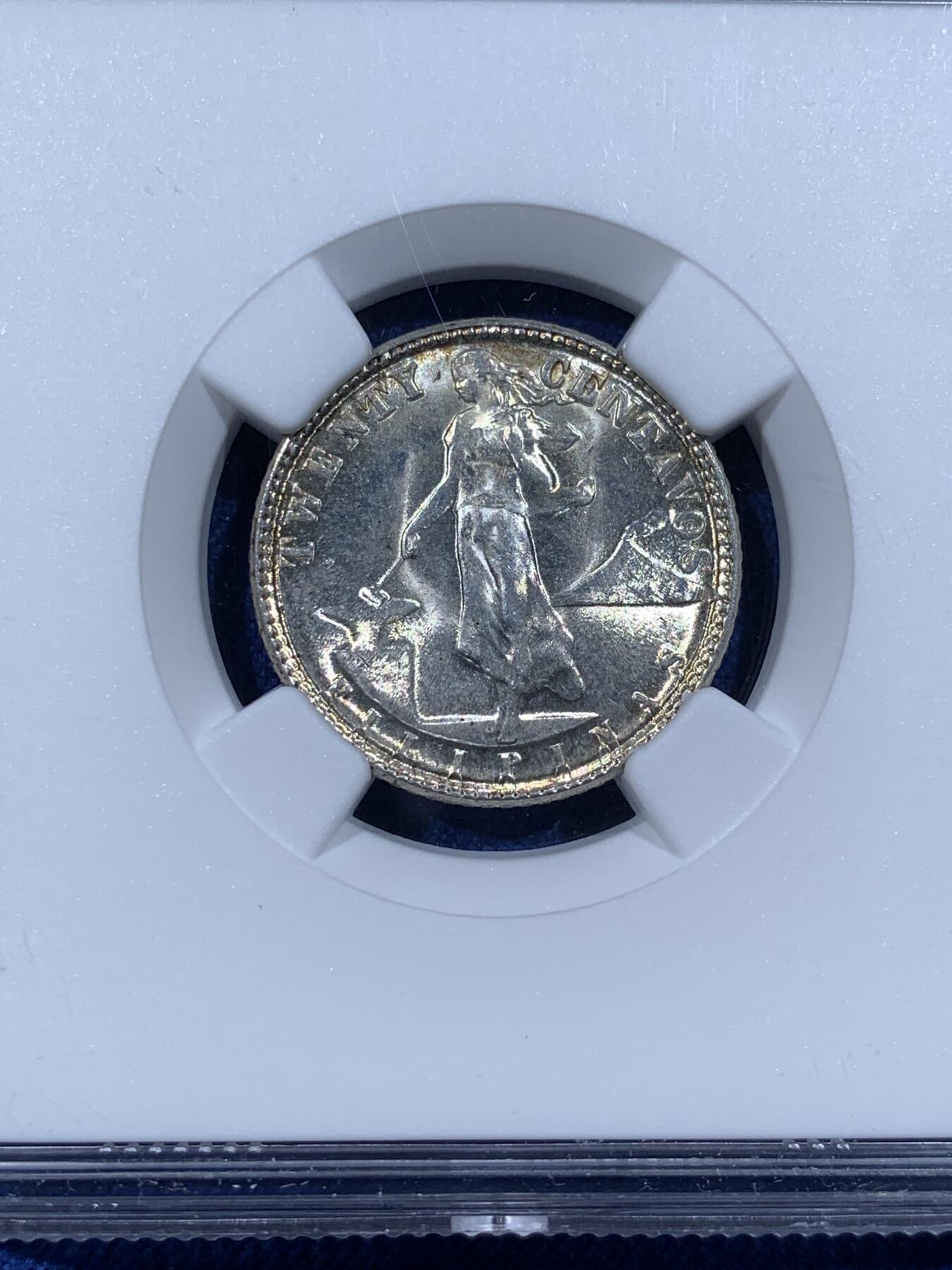 《竞宝斋》第481场 周日，周一 2场连拍 （全场包邮）20级店铺 欢迎送拍 NGC MS63 美属菲律宾1945年20分银币