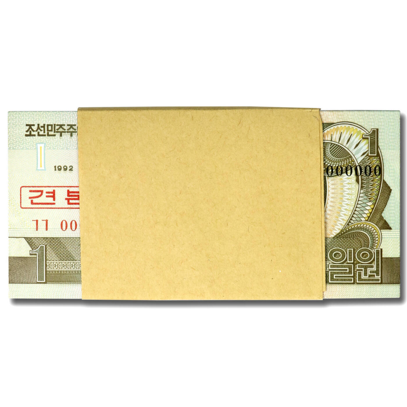 1992年朝鲜-第四版纸币1元小章版-票样整刀100张小章版-票样；整刀100张