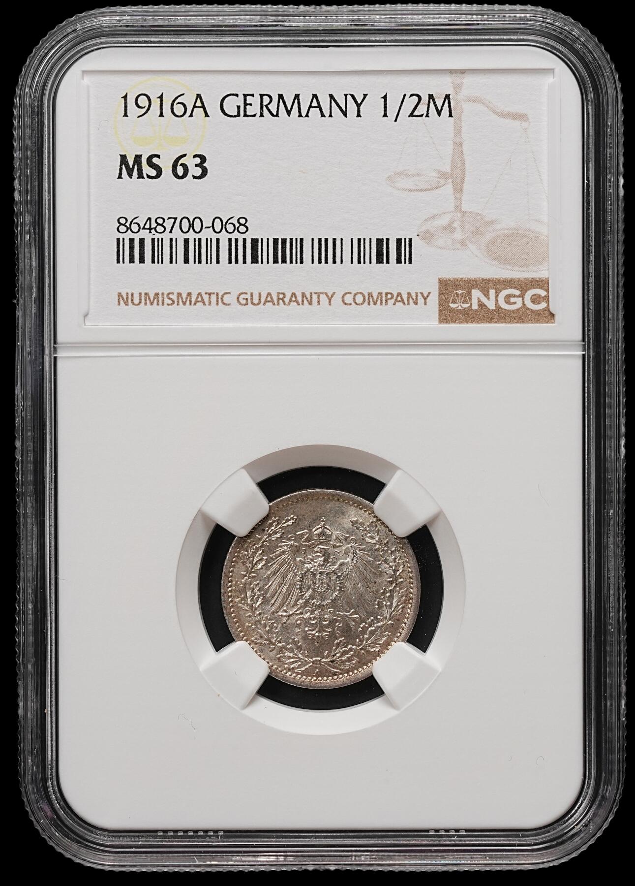修遠堂世界钱币第112期 NGC MS63 1916年德国1/2马克银币 A厂铭