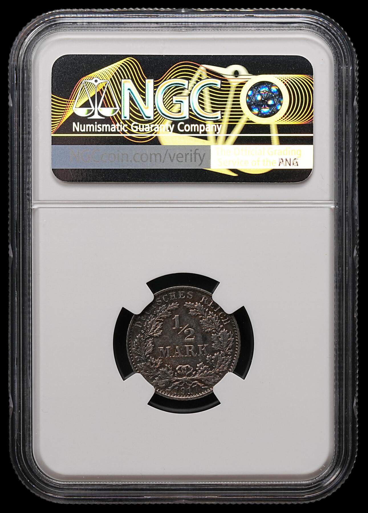 修遠堂世界钱币第112期 NGC MS64 1917年德国1/2马克银币 E厂铭