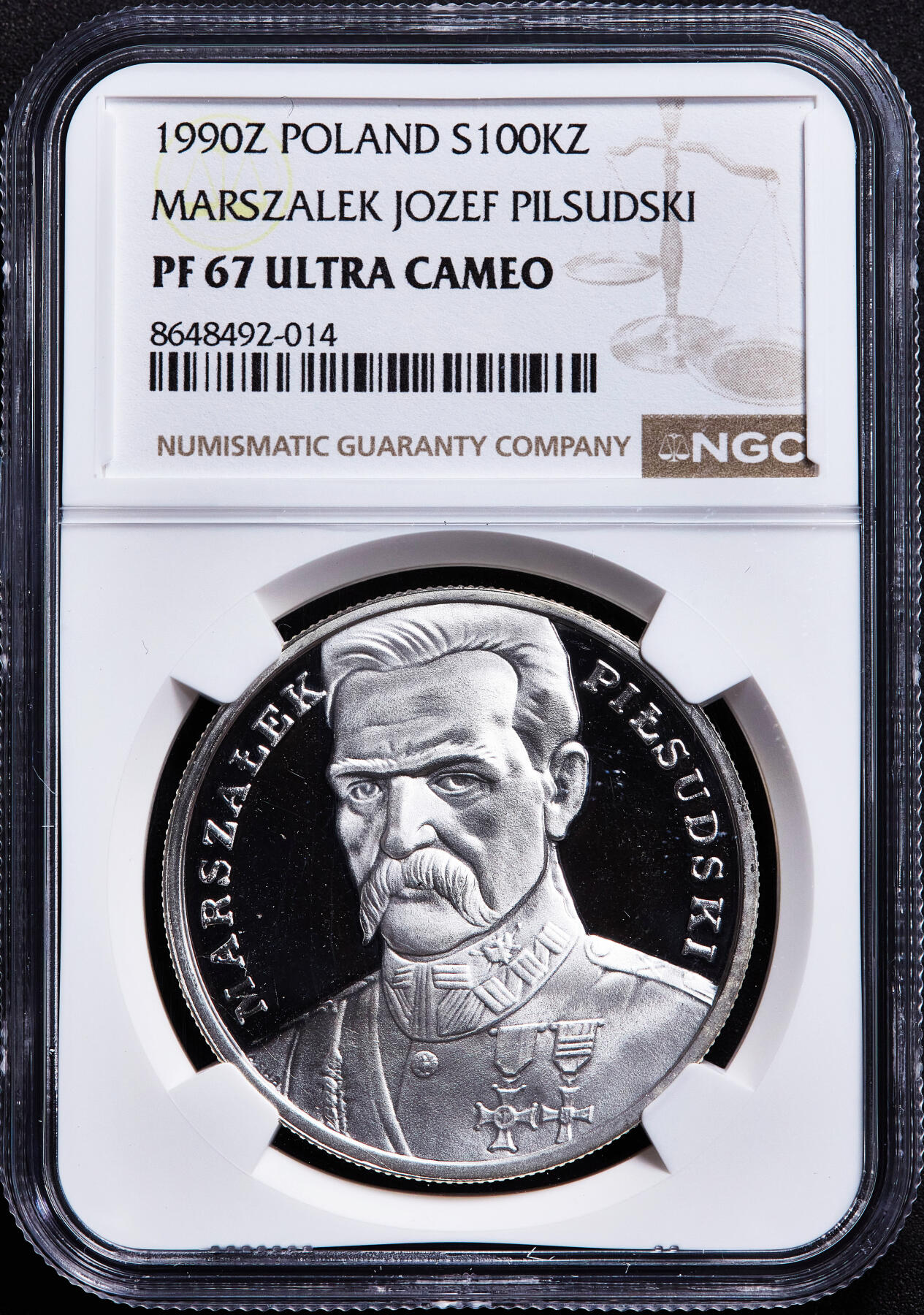 【俄甄集藏】满园春色-2026年(051)04-22星期三 晚 19:30 全场包邮 波兰1990年纪念前国家元首毕苏斯基100000兹罗提精制大银币，NGC PF67UC，重31.1克，999银，发行量10000枚