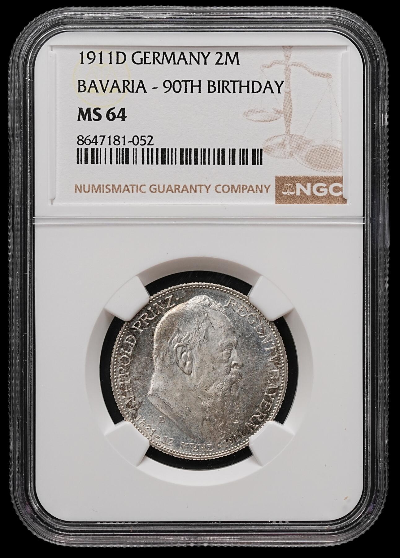 修遠堂世界钱币第112期 NGC MS64 1911年巴伐利亚摄政王90大寿纪念2马克银币