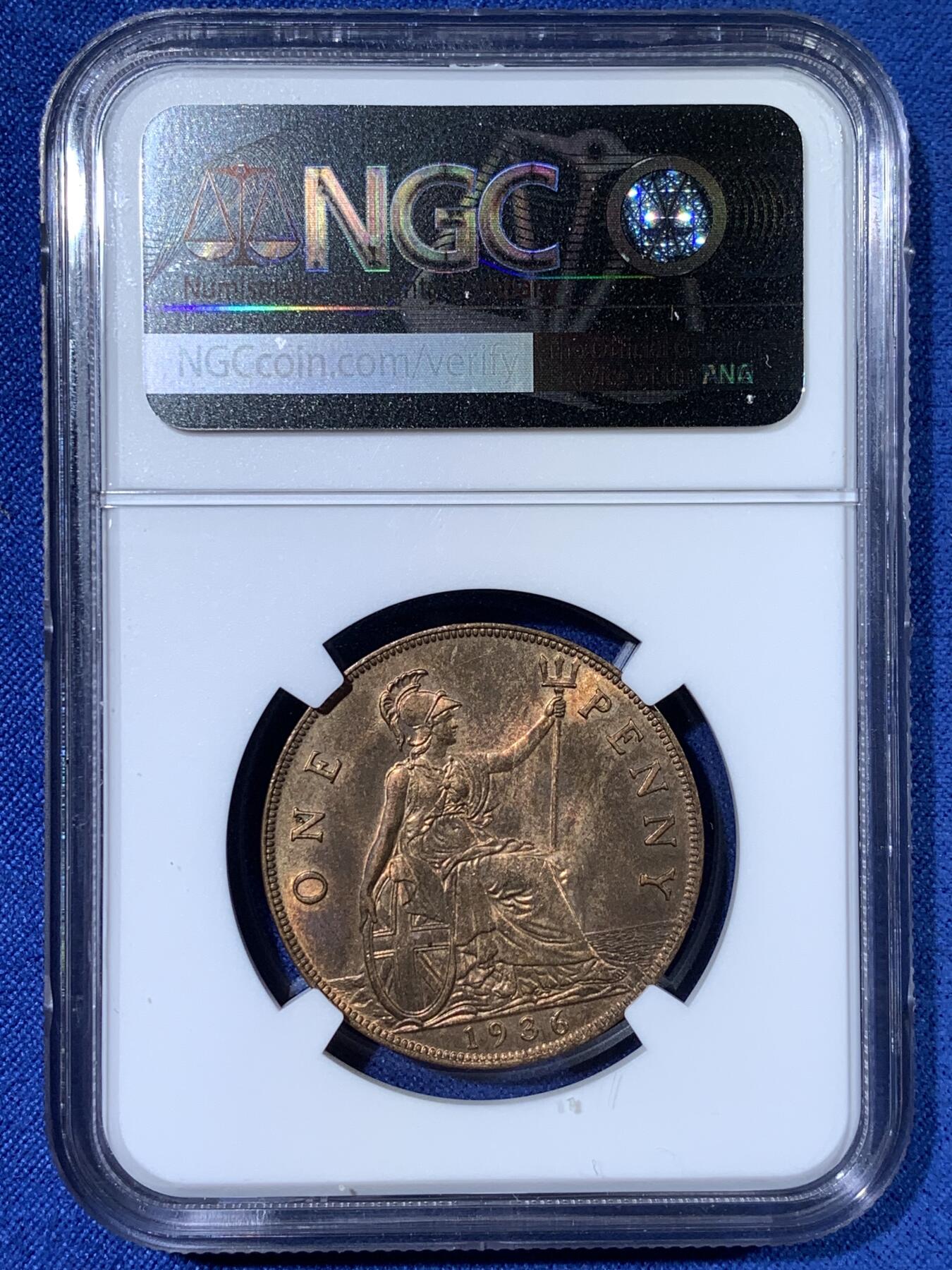 《竞宝斋》第481场 周日，周一 2场连拍 （全场包邮）20级店铺 欢迎送拍 NGC MS63RB 英国1936年乔五1便士 英系经典品种，背面经典不列颠女神形象深入人心