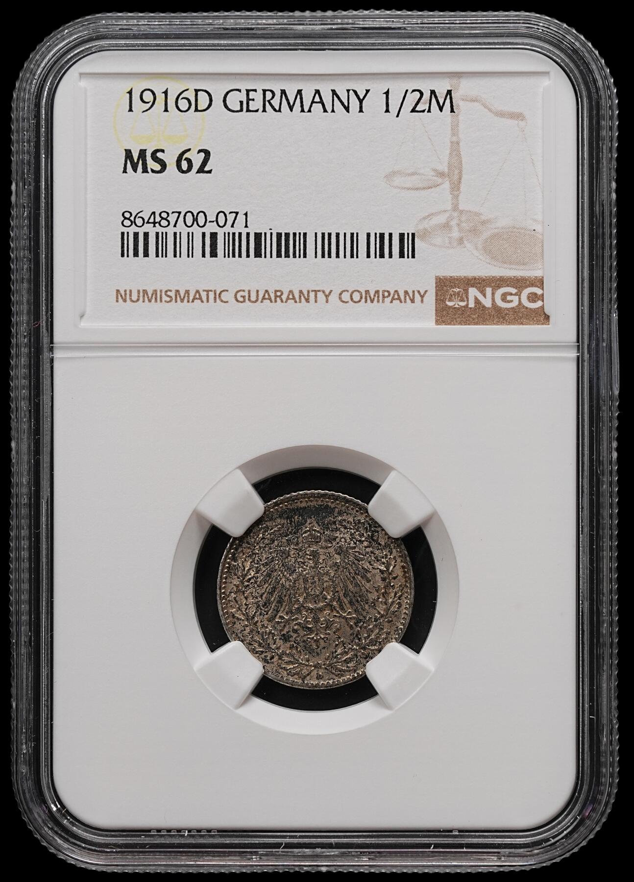 修遠堂世界钱币第112期 NGC MS62 1916年德国1/2马克银币，D厂铭