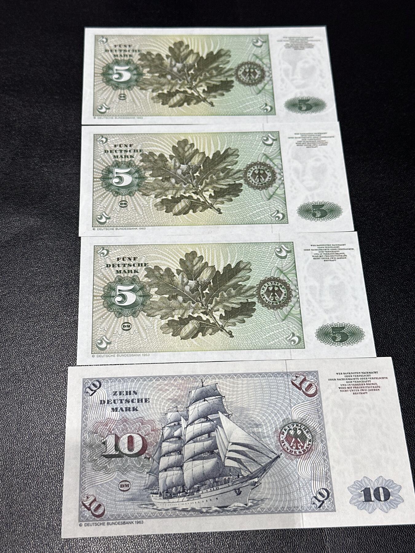 《外钞收藏家》第六百二十八期（精品百拍场）（长期征集拍品、欢迎藏友们联系合作） 1980年德国5马克 3张一起 +10马克全新一个角不绝