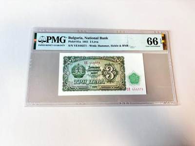 【Blue Auction】世界纸币精拍第811期——18级TOP拍卖/信誉/品质/专业/高效💫 保加利亚 1951年3列弗 PMG66EPQ 