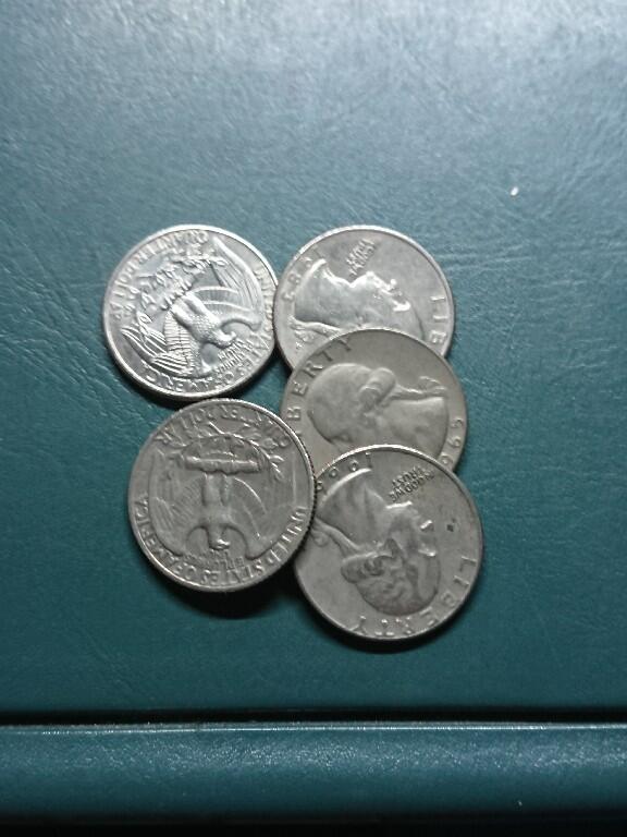 松南世界钱币——260420 美国25分1/4美元镍币5枚合计1.25美元2