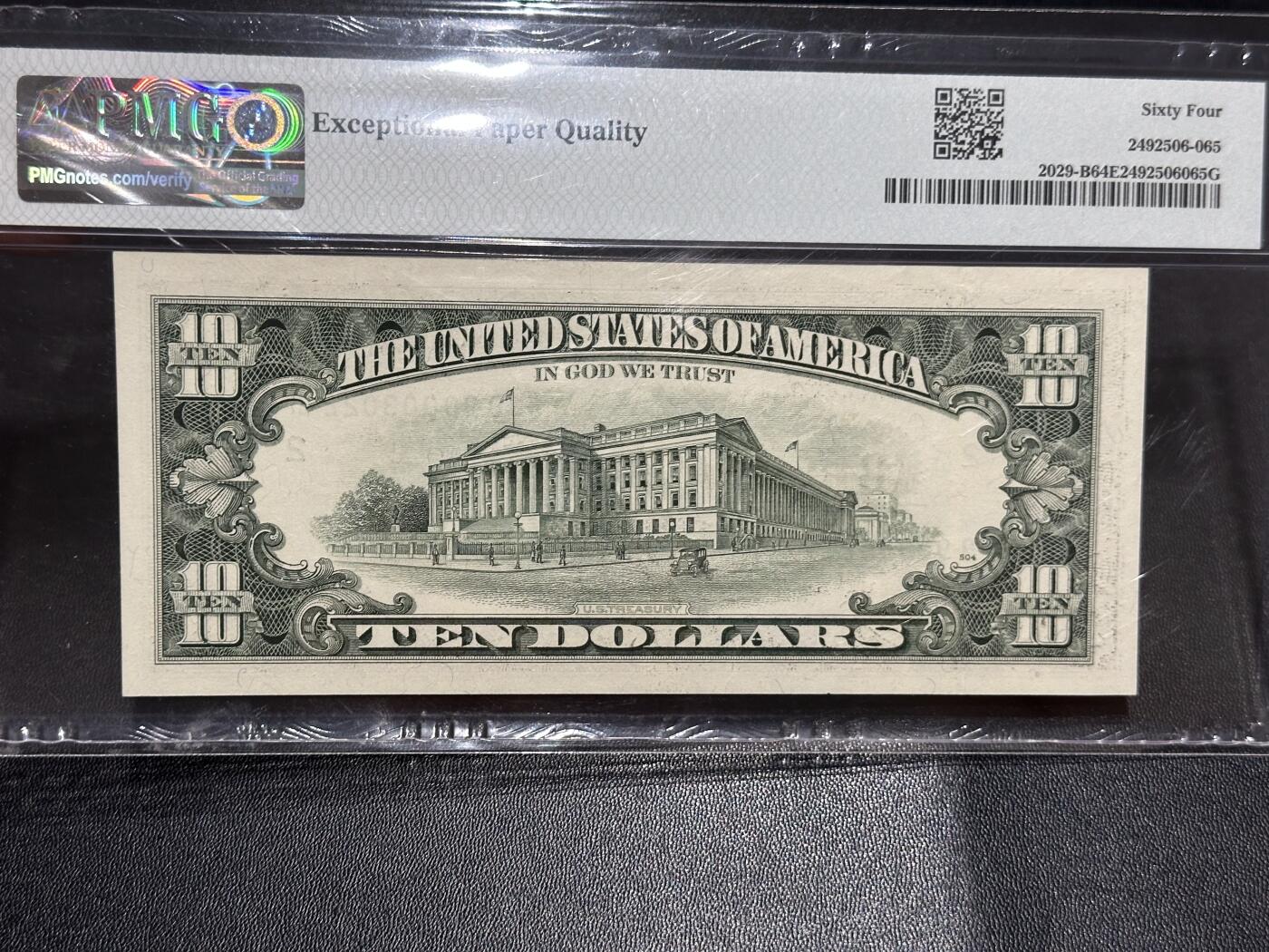 《外钞收藏家》第六百二十八期（精品百拍场）（长期征集拍品、欢迎藏友们联系合作） 1990年美国小头版10美元 PMG64E 无47靓号