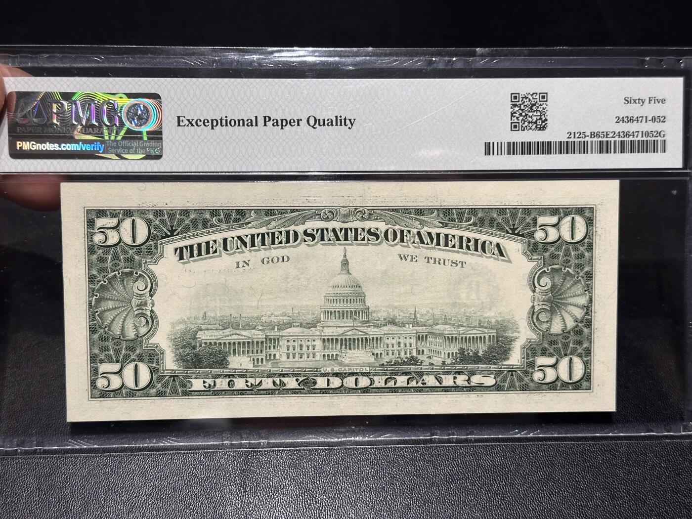 《外钞收藏家》第六百二十八期（精品百拍场）（长期征集拍品、欢迎藏友们联系合作） 1993年美国小头版50美元 PMG65 尾599