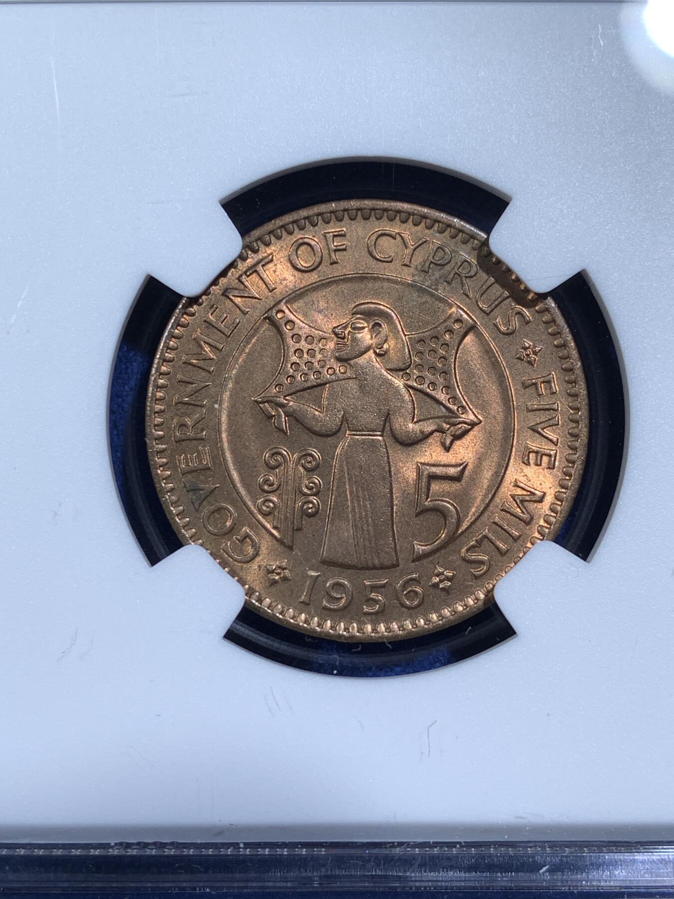 《竞宝斋》第481场 周日，周一 2场连拍 （全场包邮）20级店铺 欢迎送拍 NGC MS64RB 塞浦路斯1956年5米尔铜币 少见 十进制第一版 1956是特年 书价高