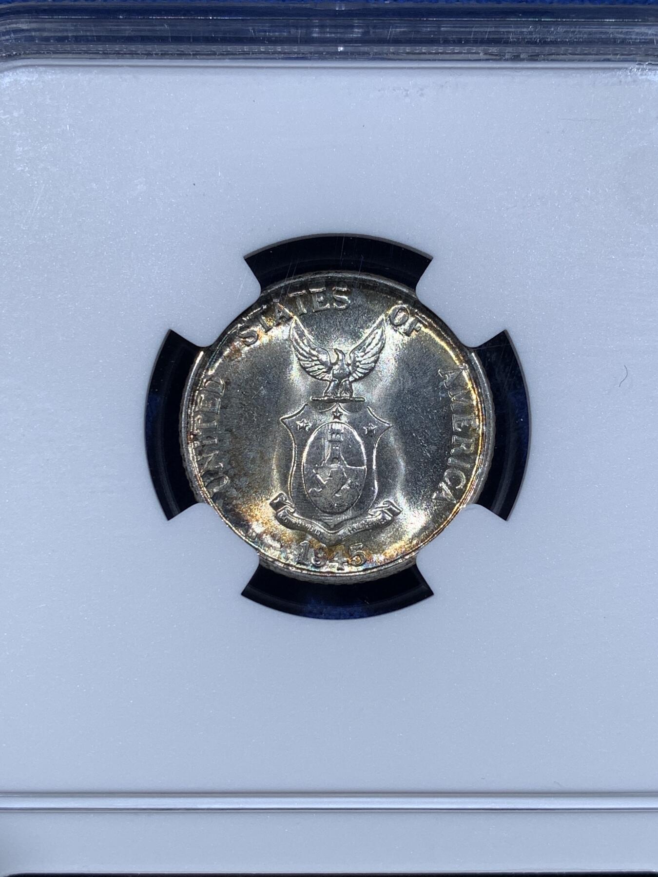 《竞宝斋》第481场 周日，周一 2场连拍 （全场包邮）20级店铺 欢迎送拍 NGC MS63 美属菲律宾1945年20分银币