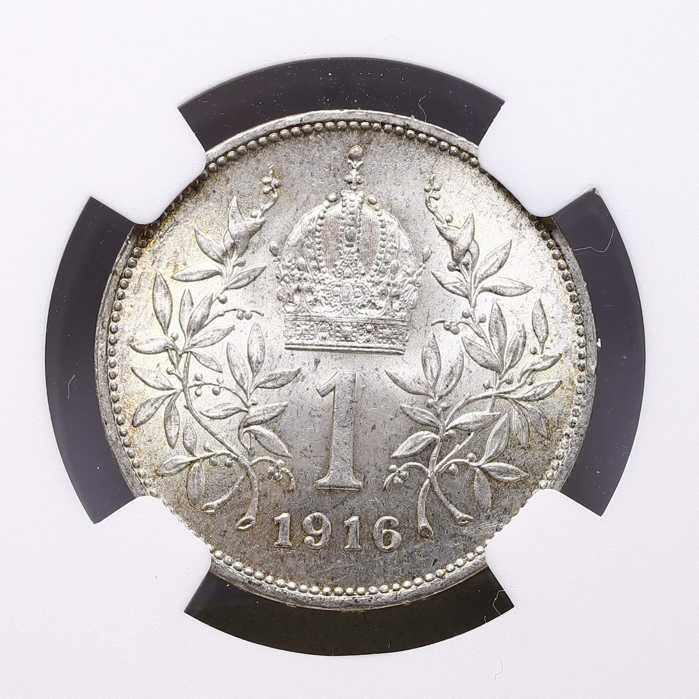 观钱 近现代机制币拍卖No.009（全场顺丰包邮，不区分偏远地区）  1916 年奥匈帝国弗朗茨・约瑟夫一世 1 克朗（Corona）银币 NGC MS64 在位最后一年发行的银币