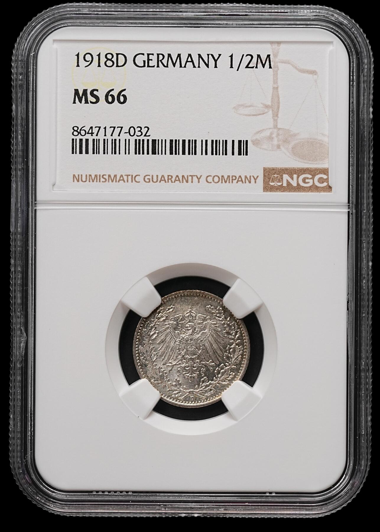 修遠堂世界钱币第112期 NGC MS66 1918年德国1/2马克银币 D厂铭