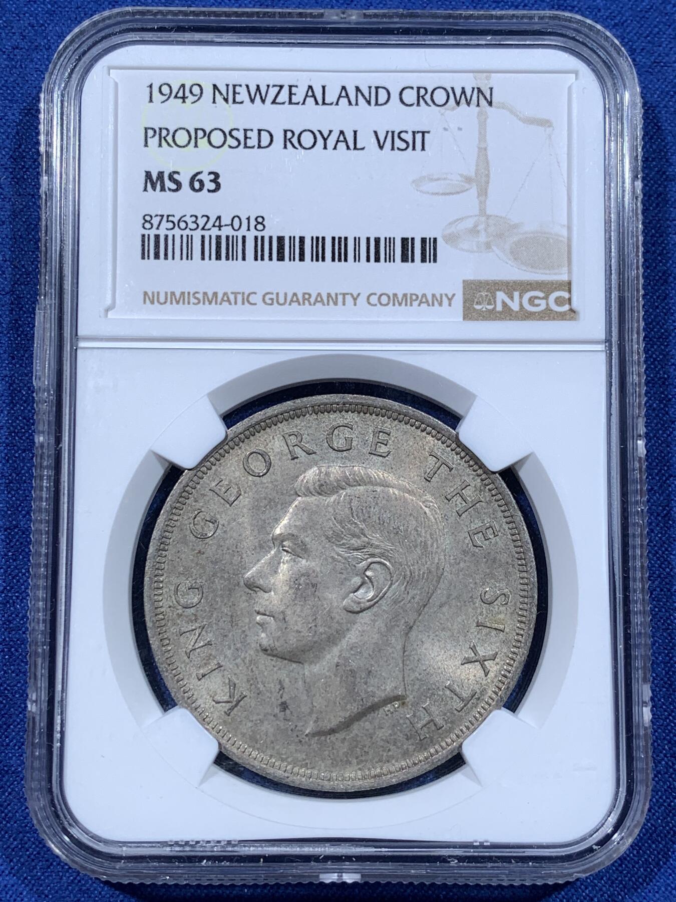 《竞宝斋》第481场 周日，周一 2场连拍 （全场包邮）20级店铺 欢迎送拍 NGC MS63 新西兰1949年乔治六世皇家访问1克朗纪念银币