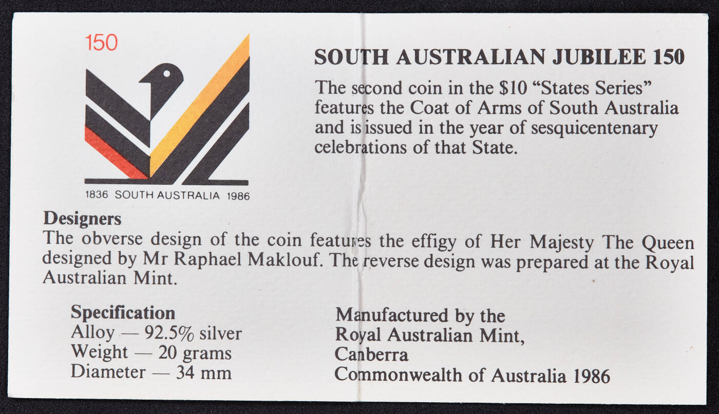 【俄甄集藏】满园春色-2026年(051)04-22星期三 晚 19:30 全场包邮 澳大利亚1986年行政区系列-南澳大利亚州10元精制银币，原盒证，重20克，925银，发行量52150枚