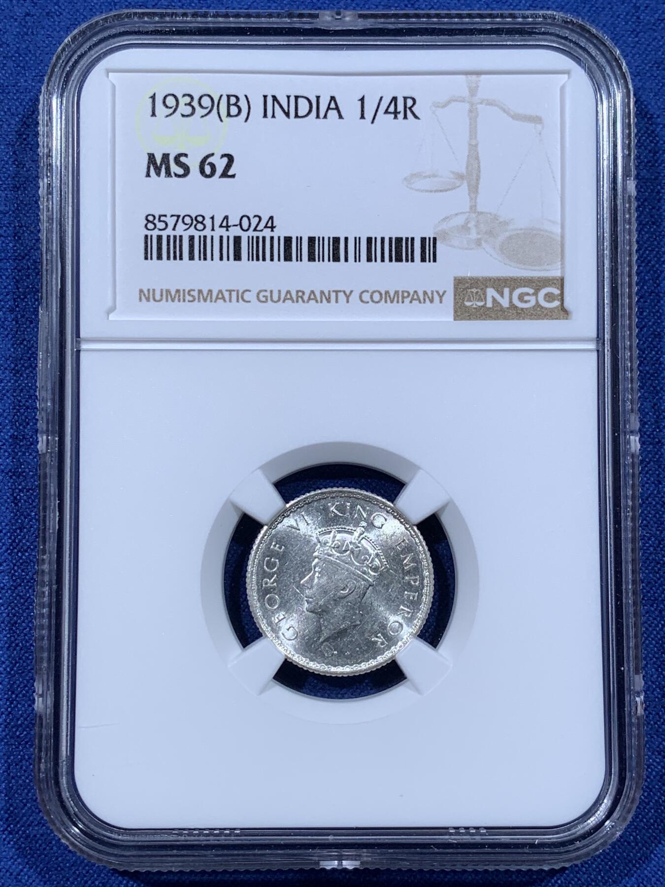 《竞宝斋》第481场 周日，周一 2场连拍 （全场包邮）20级店铺 欢迎送拍 NGC MS62 英属印度1939年乔治六世1/4卢比银币