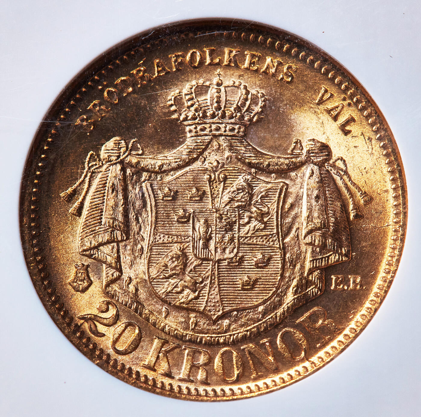 【俄甄集藏】满园春色-2026年(051)04-22星期三 晚 19:30 全场包邮 瑞典1876年奥斯卡二世EB版20克朗金币，NGC MS64，转光品相，重8.9606克，900金，名誉品种