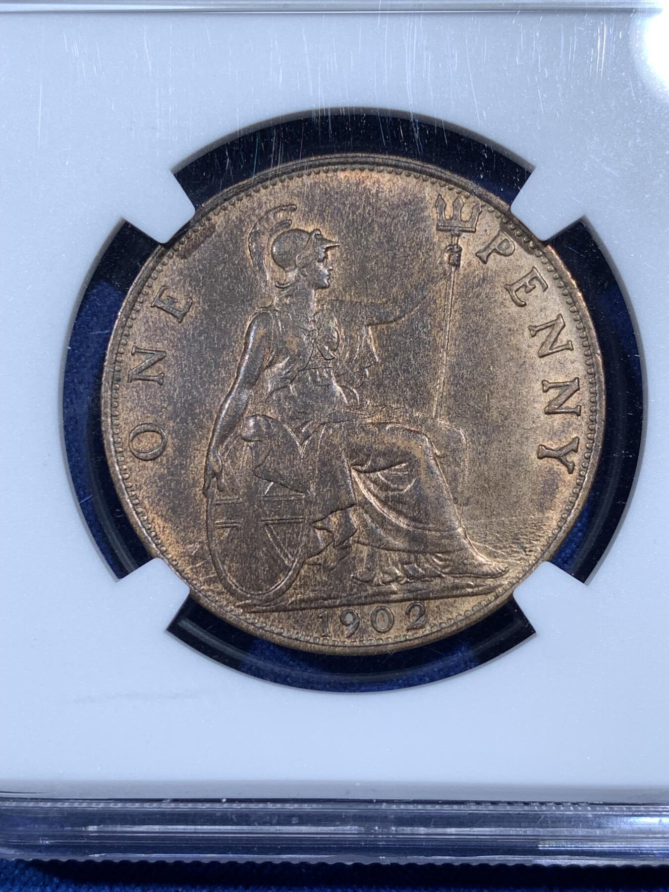 《竞宝斋》第481场 周日，周一 2场连拍 （全场包邮）20级店铺 欢迎送拍 NGC MS62BN 英国1902年1便士大铜币，爱德华七世，高海岸版