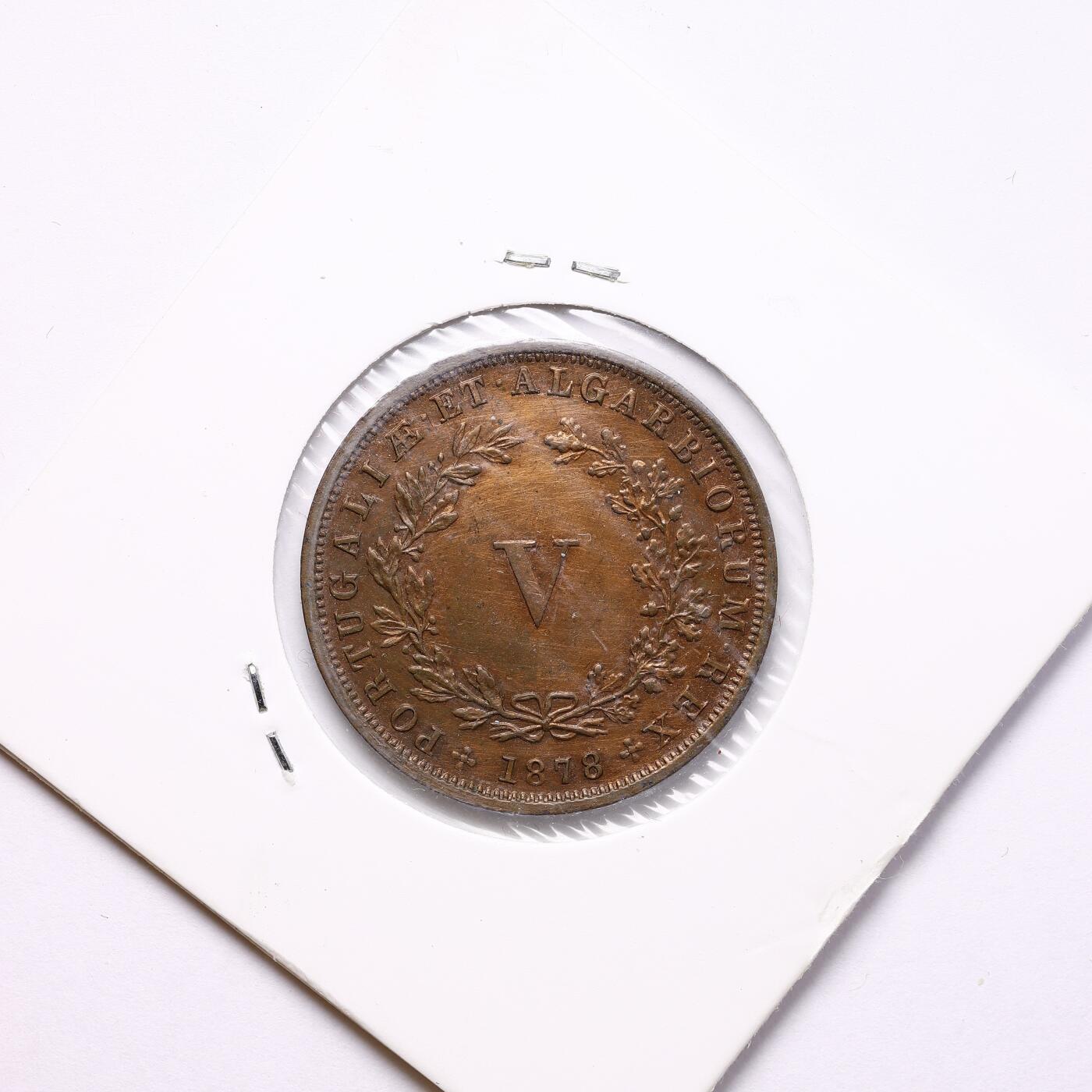 观钱 近现代机制币拍卖No.009（全场顺丰包邮，不区分偏远地区）  1878 年葡萄牙路易斯一世 5 雷亚尔铜币 未流通好品相