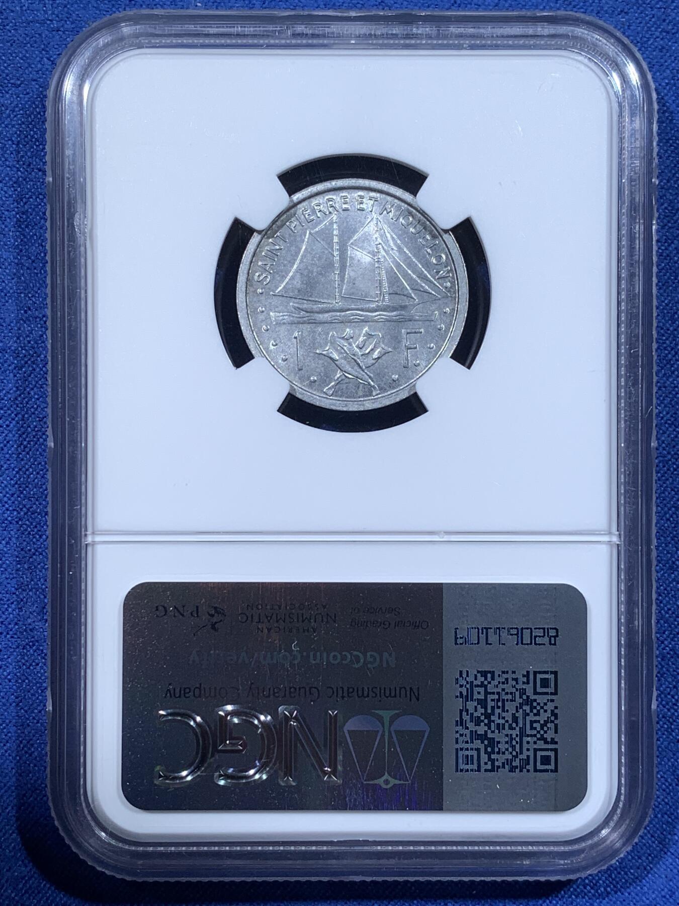 《竞宝斋》第481场 周日，周一 2场连拍 （全场包邮）20级店铺 欢迎送拍 NGC MS65 法属圣皮埃尔和密克隆1948年1法郎铝币 转光品相 少见法属地区 热门