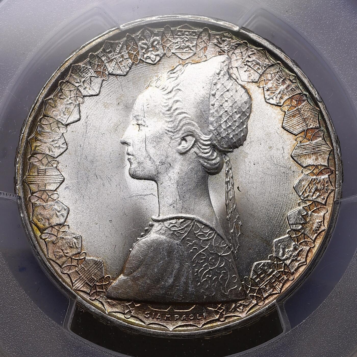 观钱 近现代机制币拍卖No.009（全场顺丰包邮，不区分偏远地区）  1966-R “少女与帆船”意大利 500 里拉银币（罗马造币厂） PCGS MS65，精致黄油五彩