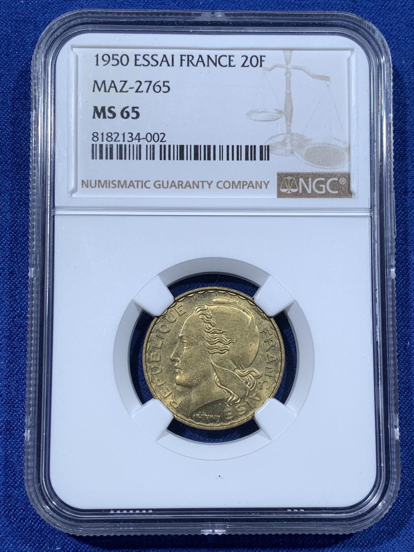 《竞宝斋》第481场 周日，周一 2场连拍 （全场包邮）20级店铺 欢迎送拍 NGC MS65 法国1950年女神20法郎样币