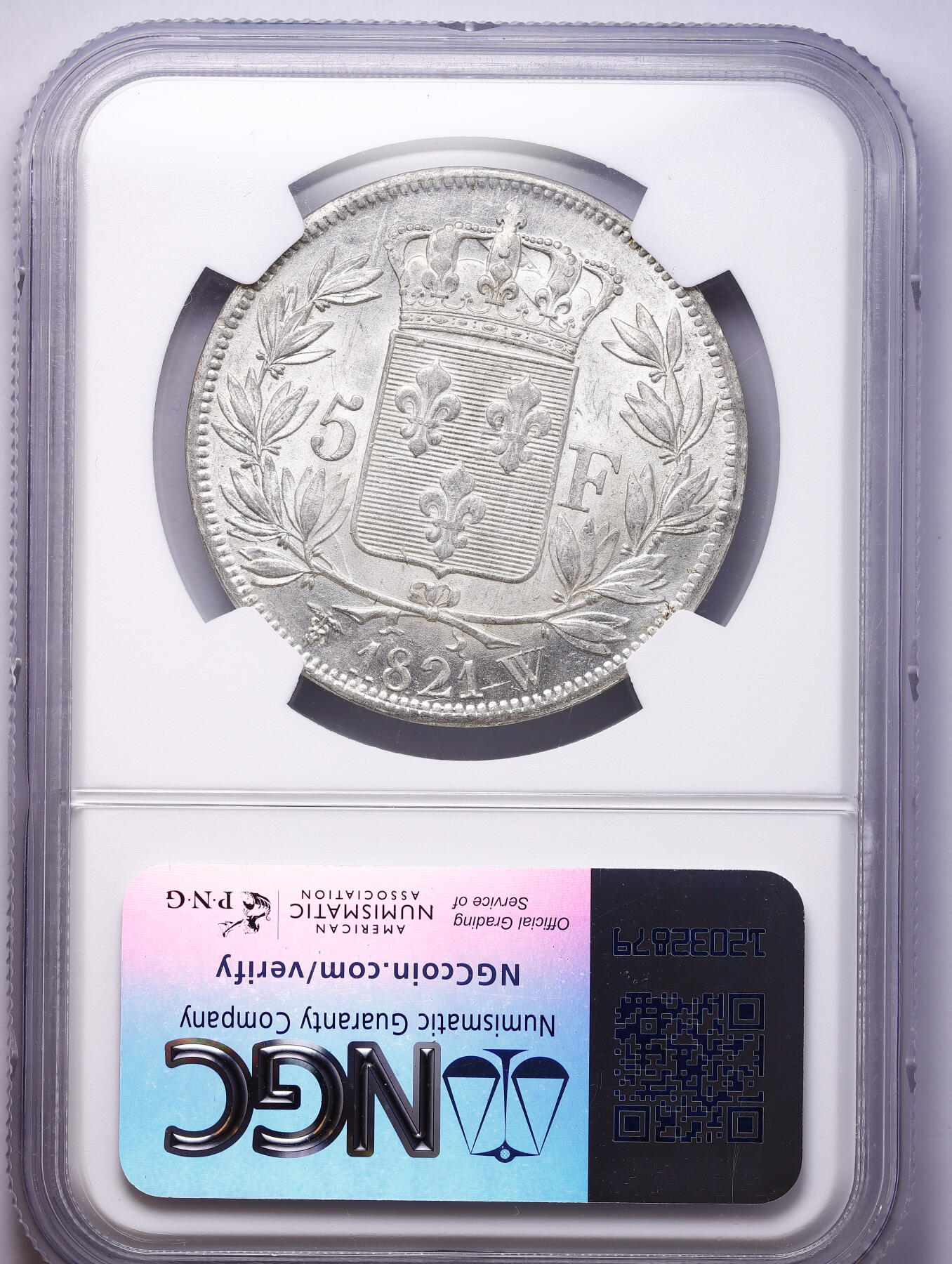 观钱 近现代机制币拍卖No.009（全场顺丰包邮，不区分偏远地区）  1821-W 法国路易十八 5 法郎银币（里尔造币厂） NGC MS61 波旁王朝的鸢尾花盾徽精致漂亮