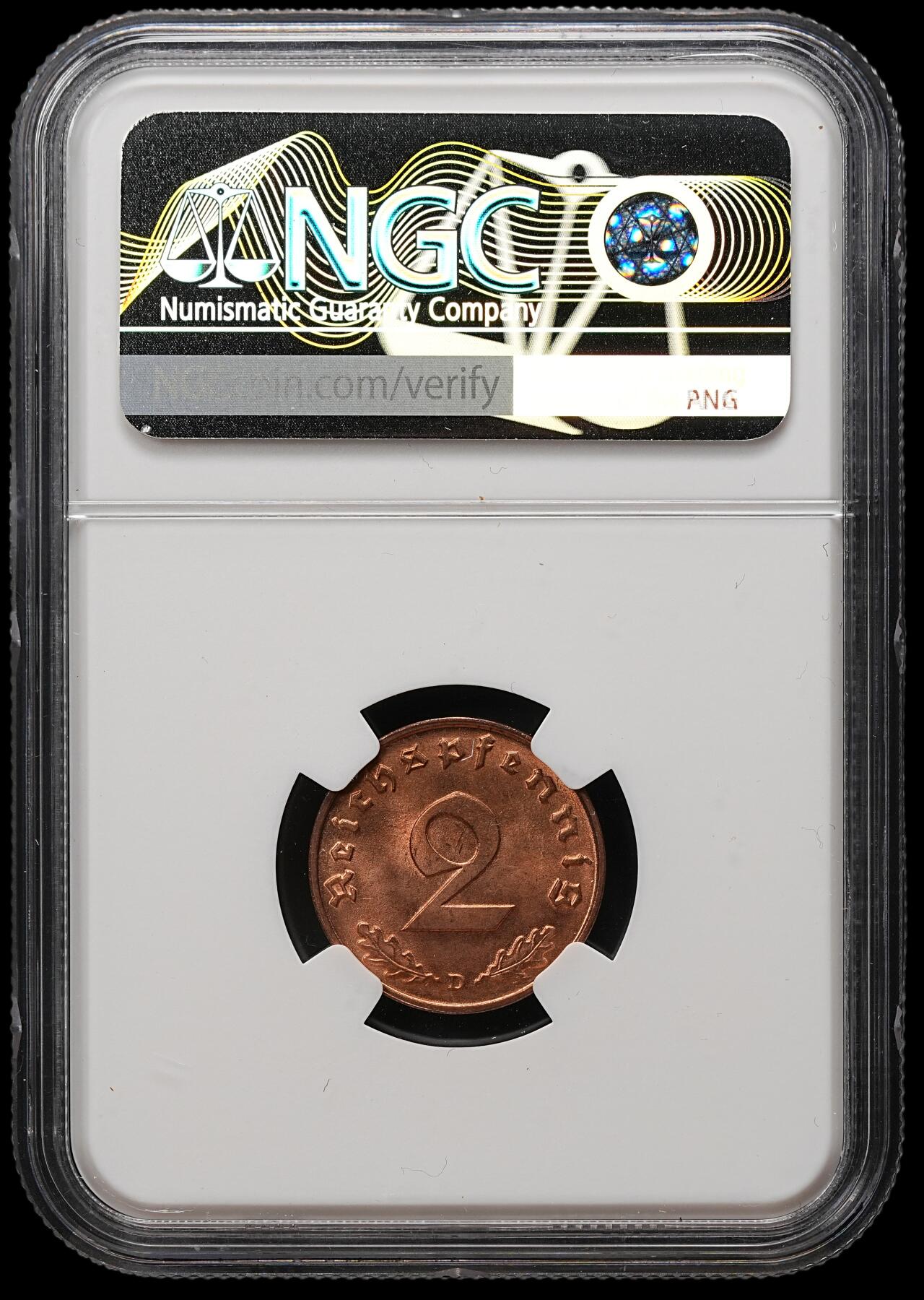 修遠堂世界钱币第112期 NGC MS65RD 1939年德国2芬尼铜币 D厂铭 RD原始全铜光难得