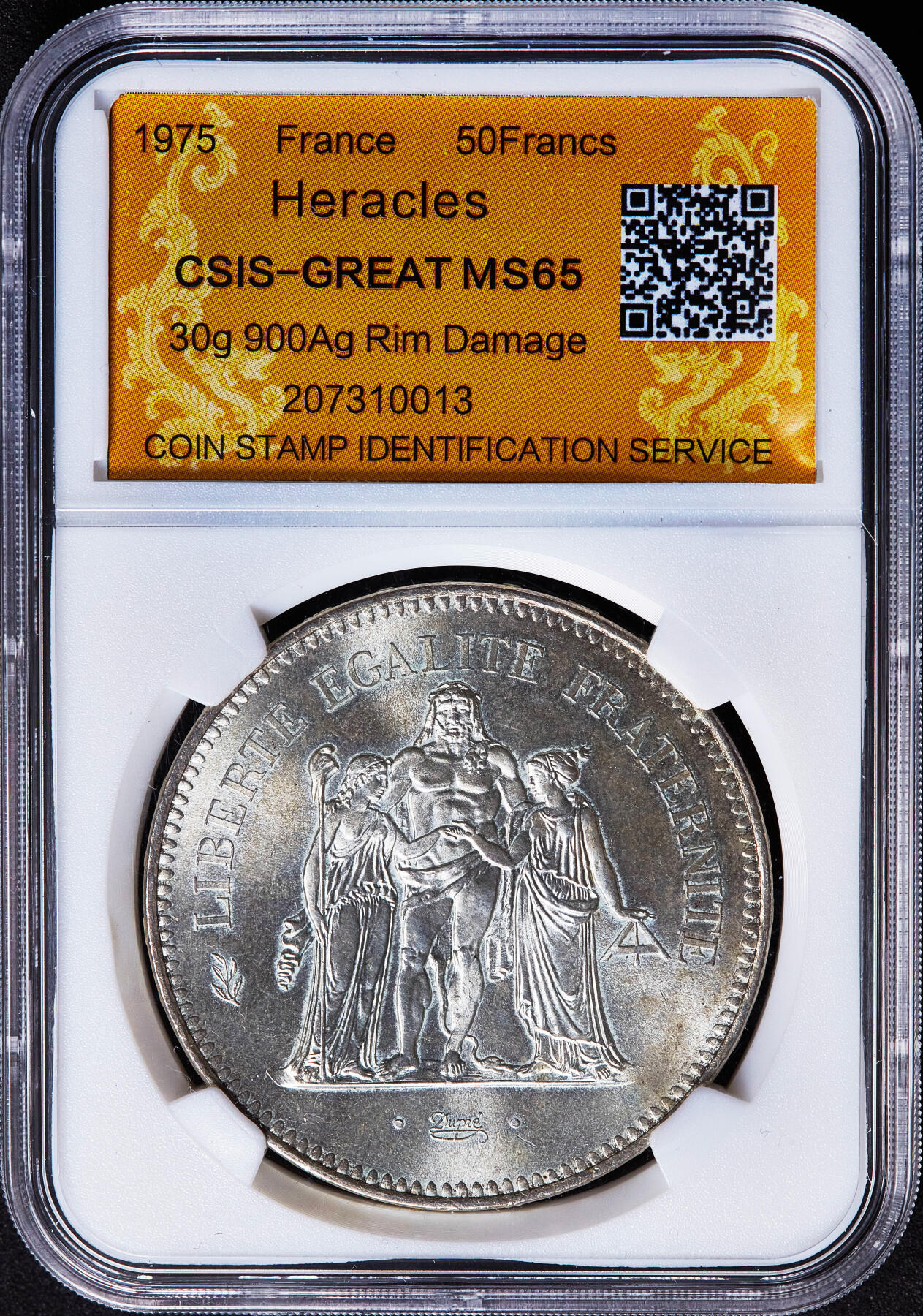 【俄甄集藏】满园春色-2026年(051)04-22星期三 晚 19:30 全场包邮 法国1975年大力神50法郎大银币，信泰 MS65，重30克，900银，转光品相