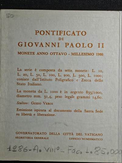 刘世昌艺术品销售中心～虎踞龙蟠*金杨在线联拍群第521期 梵蒂冈1986年硬币册（含7枚套币 ：10-1000里拉 ，硬币1000里拉是银币），品相如图。