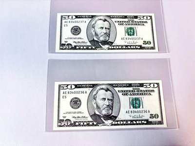 【Blue Auction】世界纸币精拍第811期——18级TOP拍卖/信誉/品质/专业/高效💫 【一组2张连号】美国 1996年50美金 全新UNC