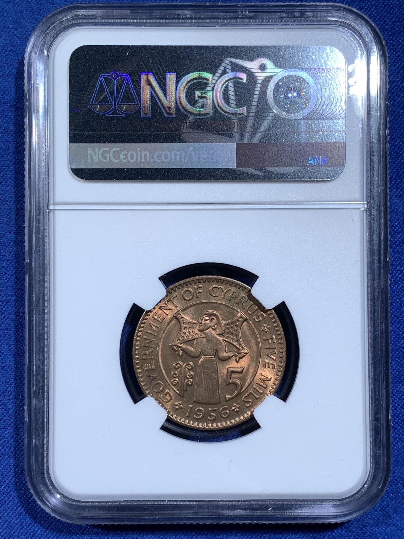 《竞宝斋》第481场 周日，周一 2场连拍 （全场包邮）20级店铺 欢迎送拍 NGC MS64RB 塞浦路斯1956年5米尔铜币 少见 十进制第一版 1956是特年 书价高