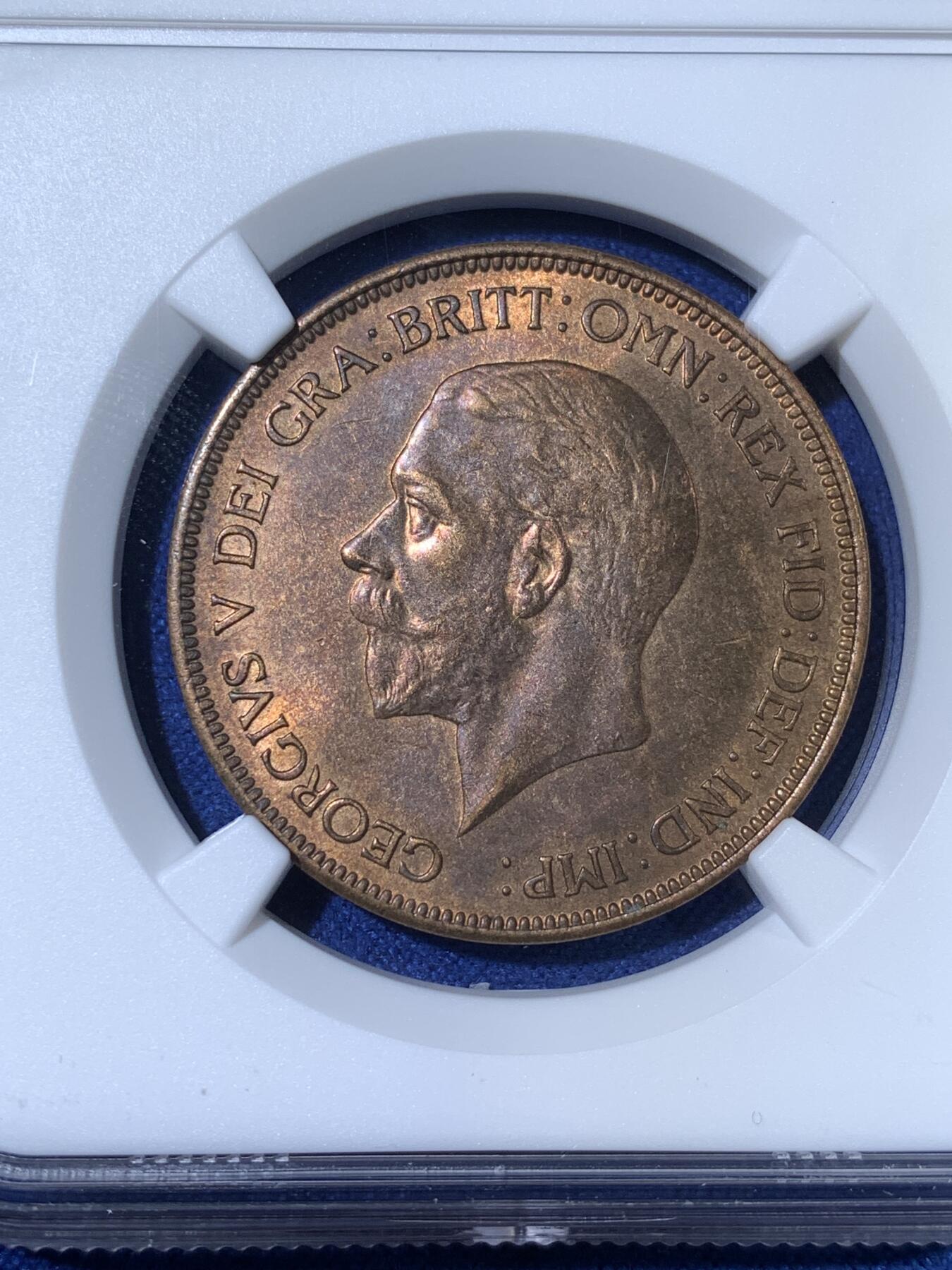 《竞宝斋》第481场 周日，周一 2场连拍 （全场包邮）20级店铺 欢迎送拍 NGC MS63RB 英国1936年乔五1便士 英系经典品种，背面经典不列颠女神形象深入人心