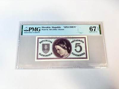 【Blue Auction】世界纸币精拍第811期——18级TOP拍卖/信誉/品质/专业/高效💫 【样钞】斯洛伐克 1945年5克朗 PMG67EPQ 