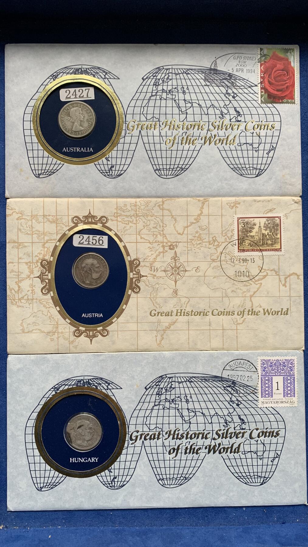 《竞宝斋》第481场 周日，周一 2场连拍 （全场包邮）20级店铺 欢迎送拍 邮币封3张，含2枚奥匈帝国1克朗银币和1枚澳大利亚1先令银币。